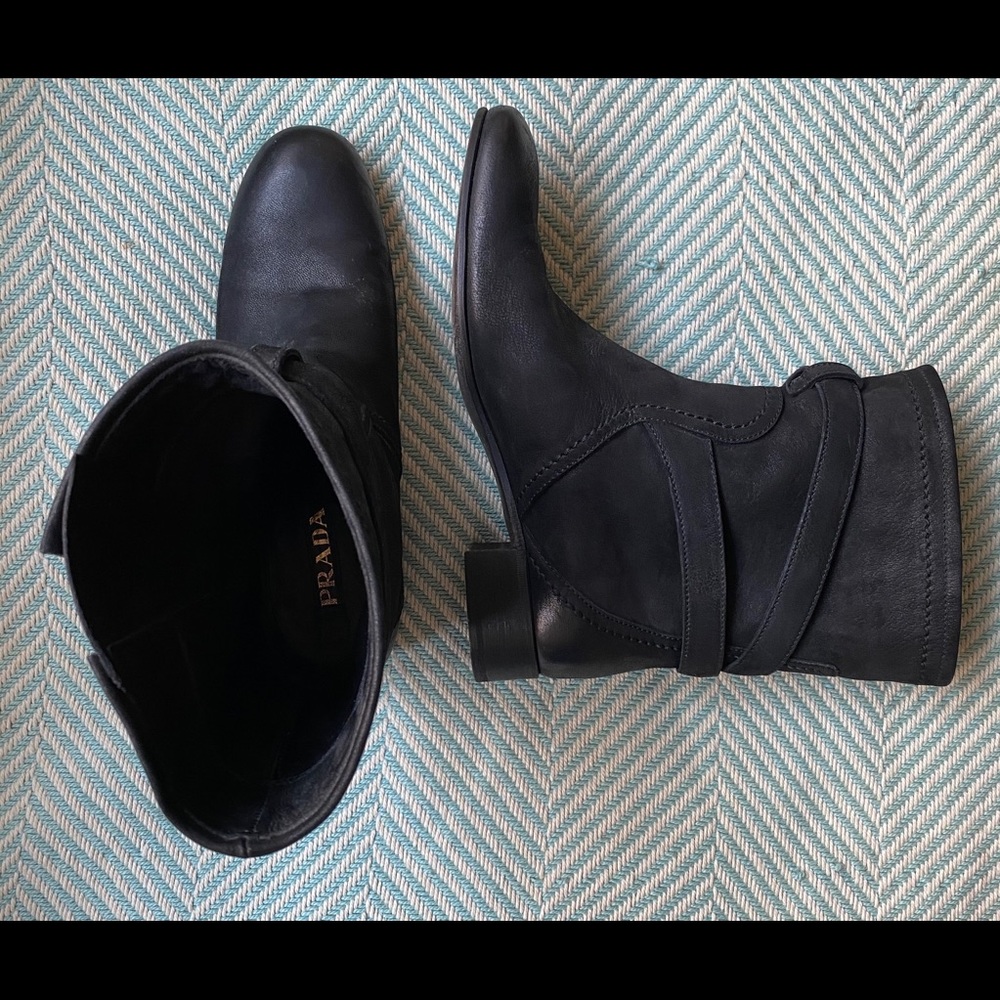 PRADA Black Leather Moto Style Ankle Boots - Picture 2 of 16